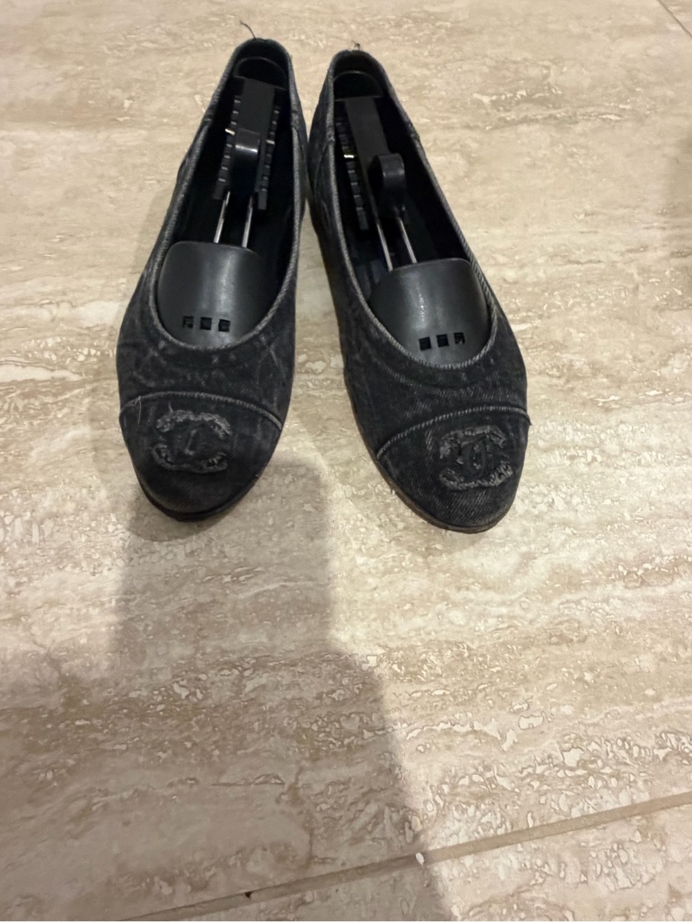 CHANEL Black Denim Logo Ballet Flats